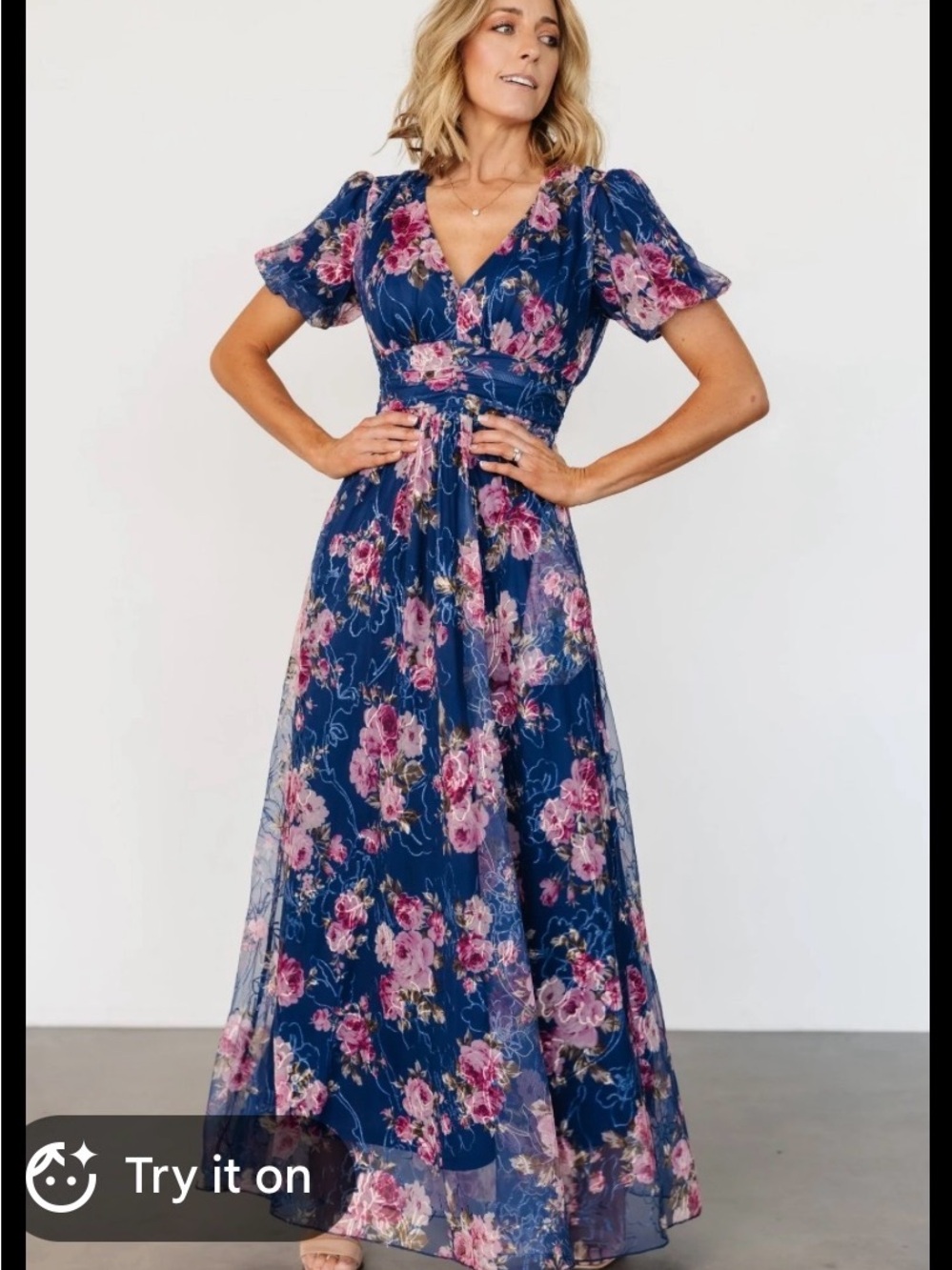 Baltic Born Navy Floral V-Neck Maxi with Pink Blooms. Plus size 1X